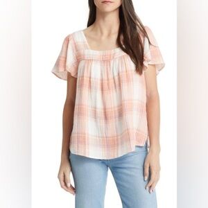 NWT!! Caslon - Stripe Cotton Popover Top In Ivory- Coral Nora Plaid - Medium